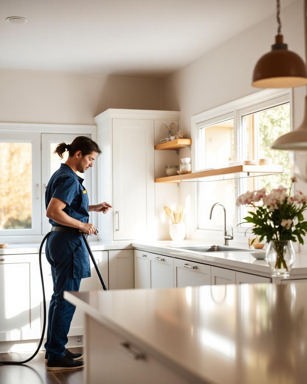 professional cleaning professional carefully cleaning a bright modern kitchen, warm home interior, t