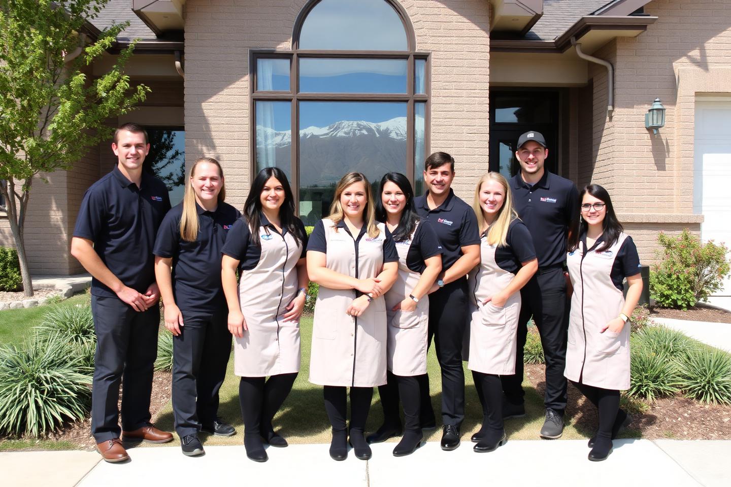 professional cleaning team in uniform standing in front of a bright clean home, Northern Utah mounta