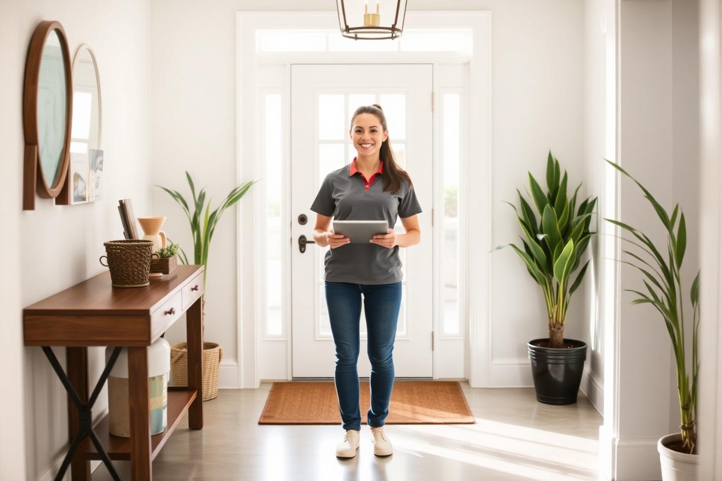 Friendly professional cleaning team member in a clean uniform standing in a bright home