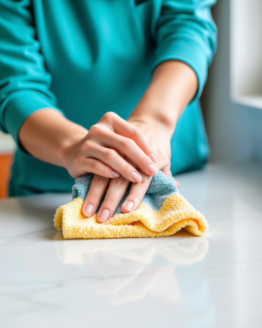 Professional cleaner carefully working through heavier buildup in a bright kitchen