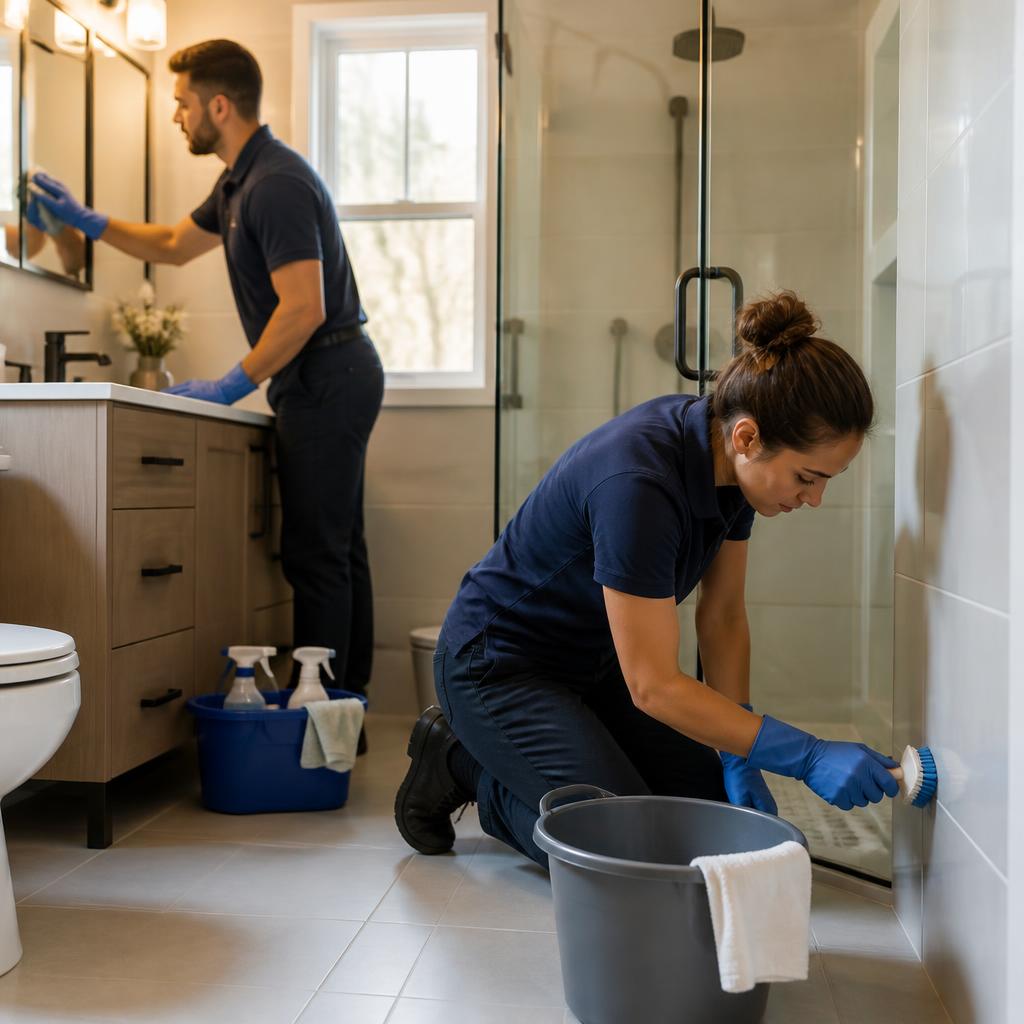 Two uniformed cleaners scrubbing tile and glass during an intensive bathroom cleaning