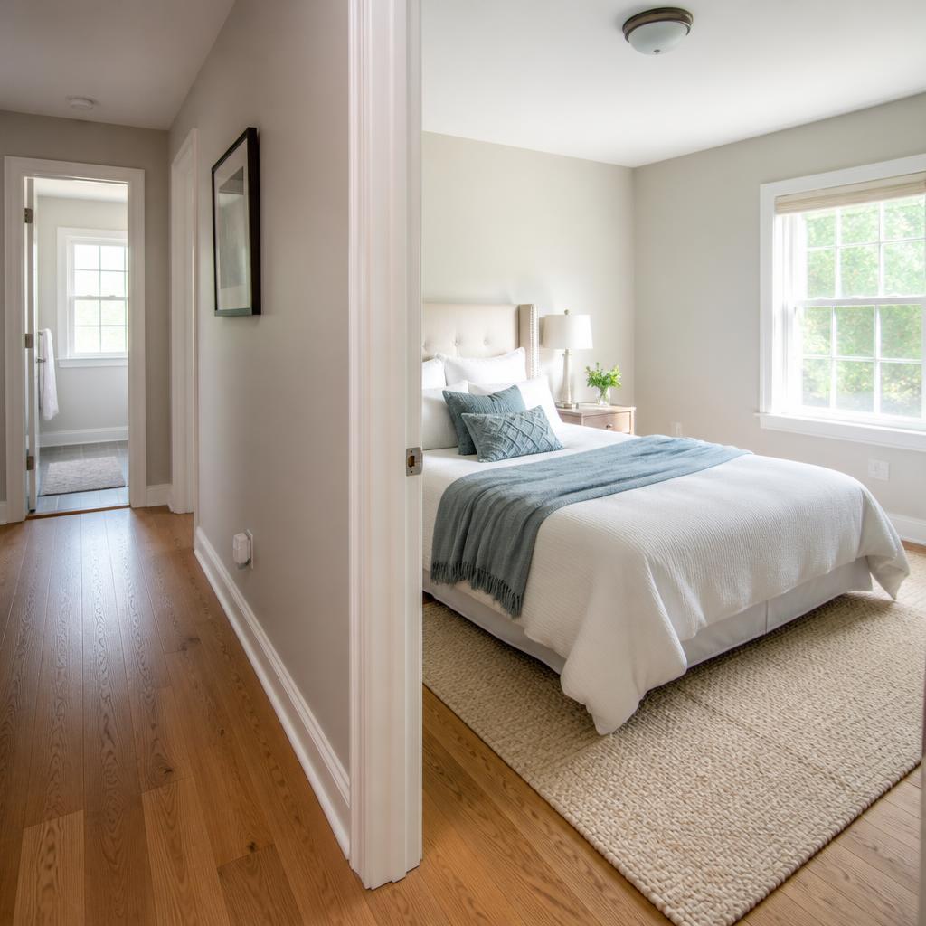 Bright maintained bedroom and hallway with fresh linens and clean wood floors