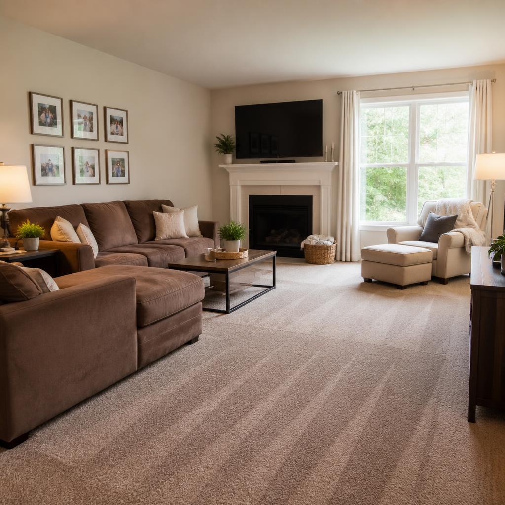 Freshly reset family living room with vacuum lines on the carpet and tidy surfaces