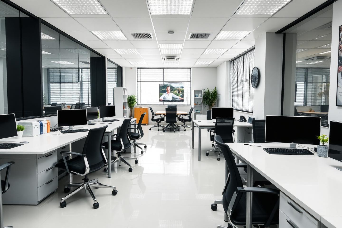 clean modern small office space, tidy desks, polished floors, organized conference area, bright prof