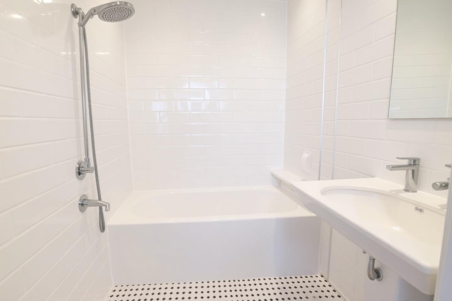 professional deep cleaning of a bright white bathroom, scrubbing tile and grout, sparkling clean fix