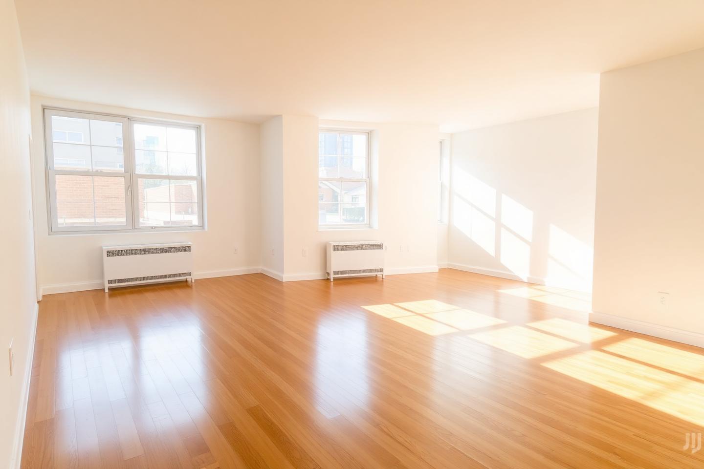 empty clean apartment freshly cleaned ready for new tenants, polished hardwood floors, spotless whit