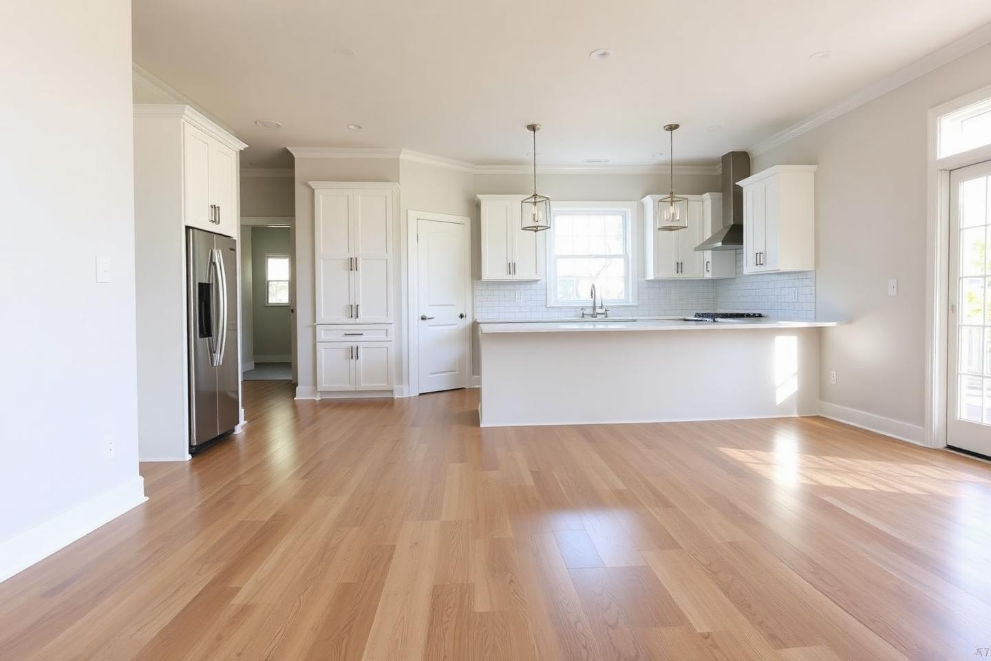 freshly cleaned post-construction interior, dust-free new hardwood floors, bright white new kitchen