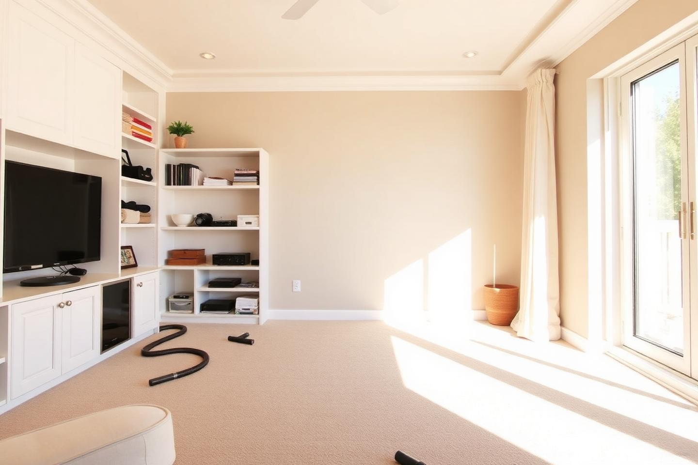 bright clean living room with polished surfaces, organized shelves, vacuum lines in carpet, warm sun