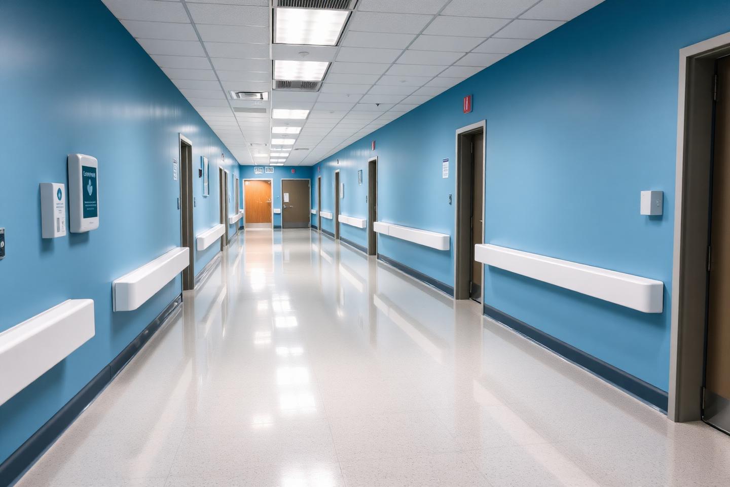 clean professional medical office hallway, sterile white interior, bright fluorescent lighting, clin